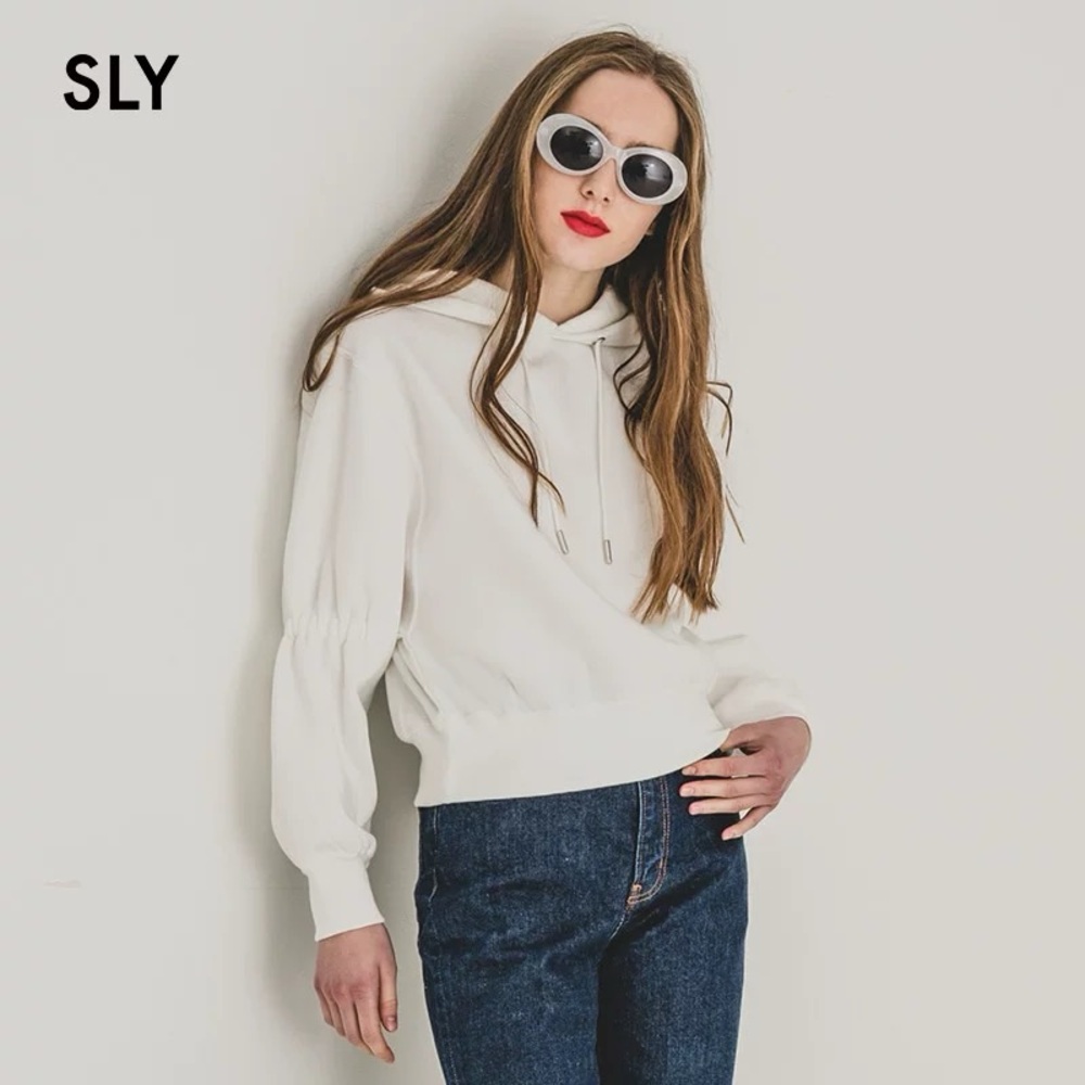 SLY Ruched Sleeve Hoodie Relaxed Fit Sweatshirt Size M White Japan Fall Kawaii